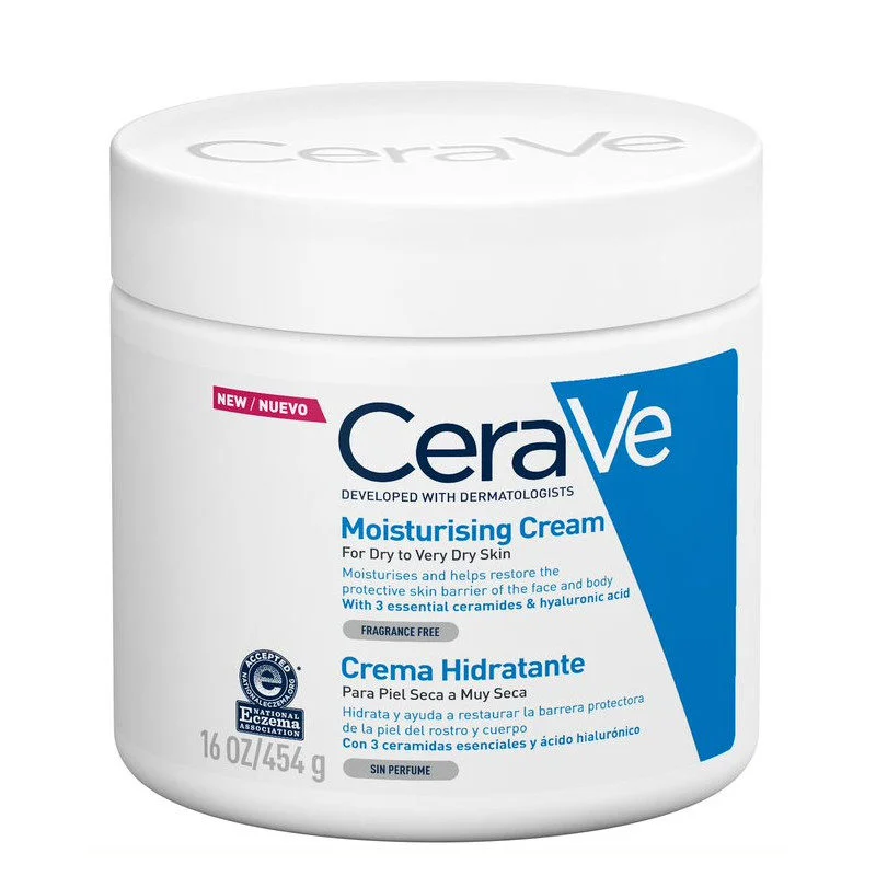 CeraVe Moisturising Cream jar with blue label, 16 oz, for dry to very dry skin, featuring essential ceramides and hyaluronic acid.